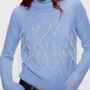 NWT Zara blue sweater with feather trim size medium